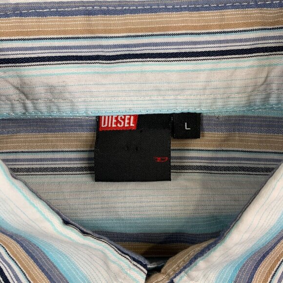 Diesel Mens Shirt Large White Blue Vertical Striped Button Up Long Sleeve - Picture 4 of 7